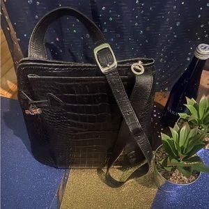 LONGCHAMP VNTG BLACK CROC EMBOSSED LEATHER UNIQUE RARE CROSSBODY Bag GORG LUX